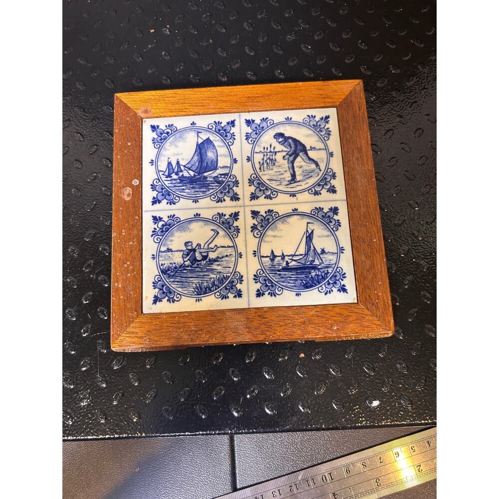 Vintage Blue & White Caramic Tile and Wood Trivet
